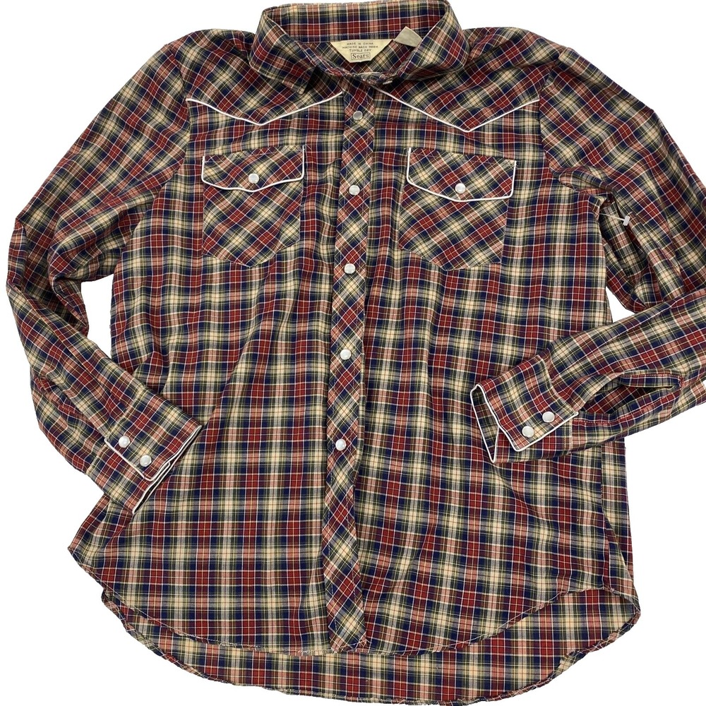 Vintage Sears Western Wear Plaid Pearl Snap Button-Up Shirt tagged 18 boys